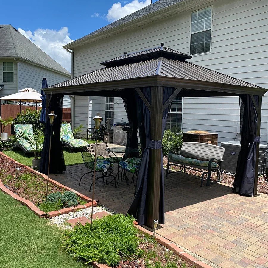 Outdoor Hardtop Gazebo for Patio Bronze Aluminum Frame Pavilion with Navy-Blue Curtain - Image 125