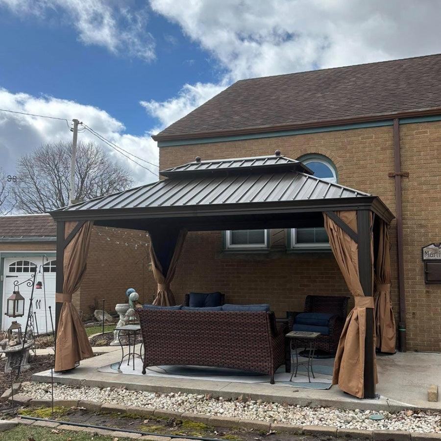 Outdoor Hardtop Gazebo for Garden Bronze Double Roof Aluminum Frame Pavilion with String Lights-clear - Image 110