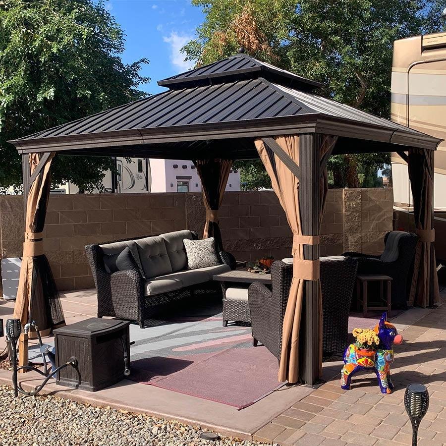 Outdoor Hardtop Gazebo for Garden Bronze Double Roof Aluminum Frame Pavilion with String Lights-milky - Image 54
