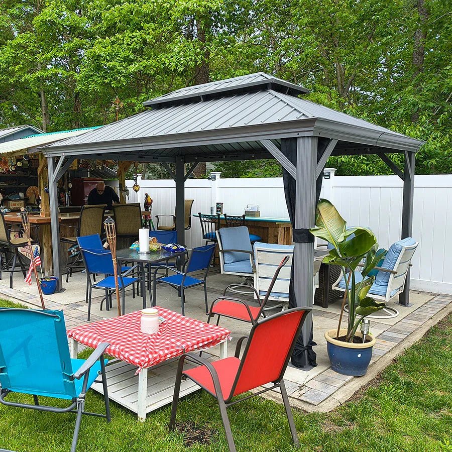 Patio Gazebo for Pool Light Grey Hardtop Galvanized Steel Roof with Upgraded Curtains - Image 90