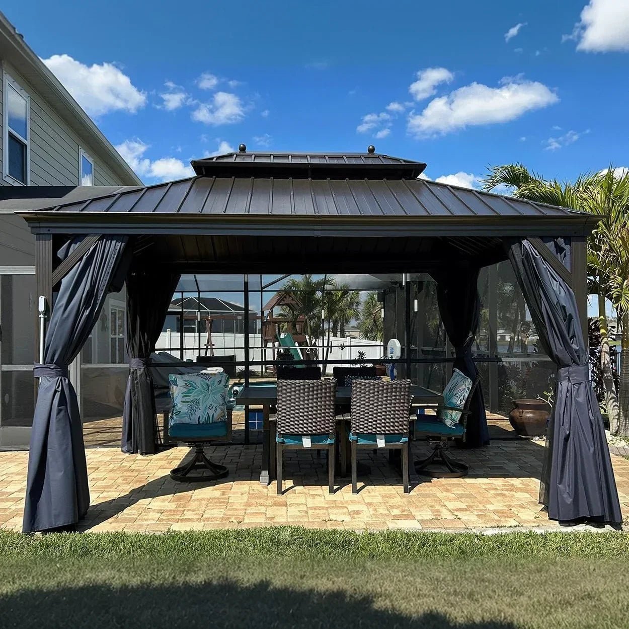 Outdoor Hardtop Gazebo for Patio Bronze Aluminum Frame Pavilion with Navy-Blue Curtain - Image 128