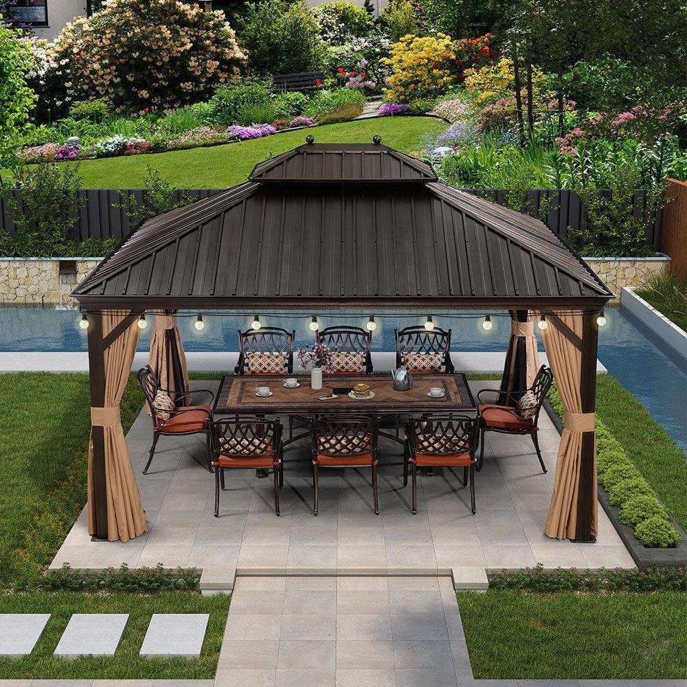 Outdoor Hardtop Gazebo for Garden Bronze Double Roof Aluminum Frame Pavilion with String Lights-milky - Image 37