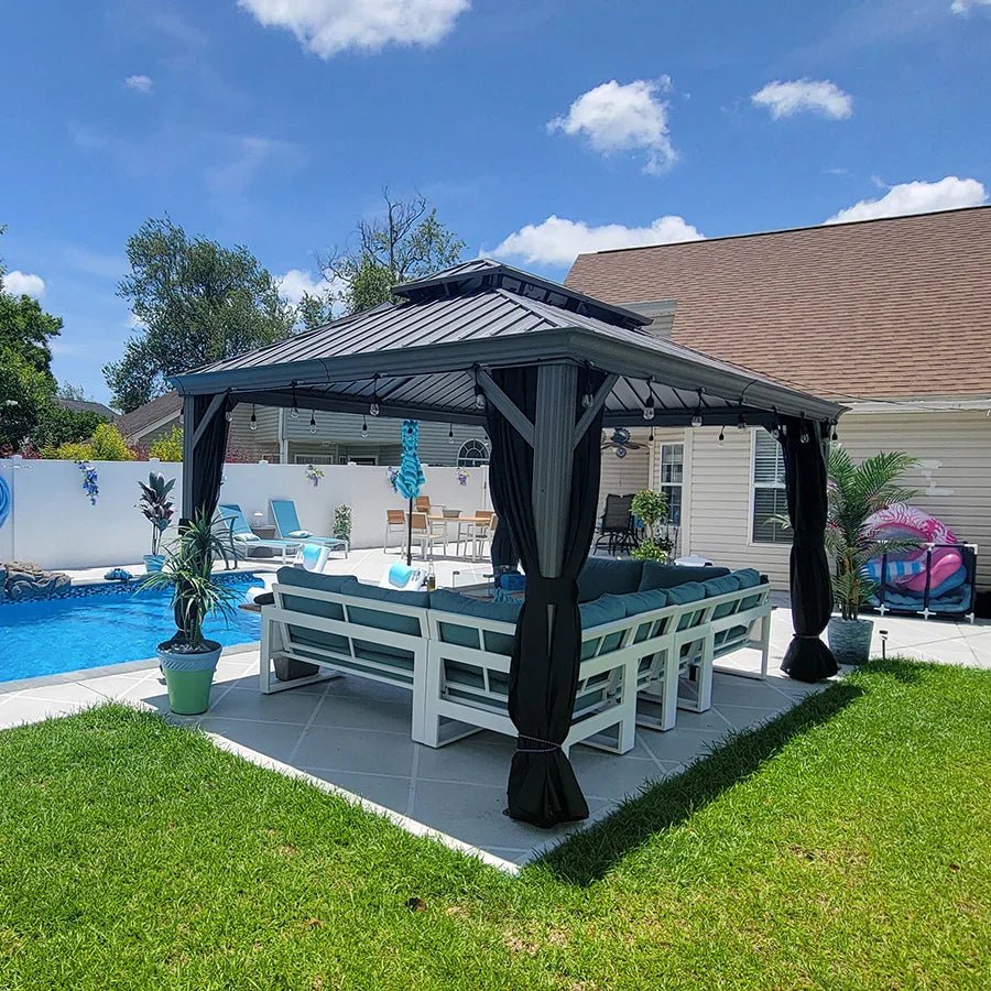 Patio Gazebo for Pool Light Grey Hardtop Galvanized Steel Roof with Upgraded Curtains - Image 83