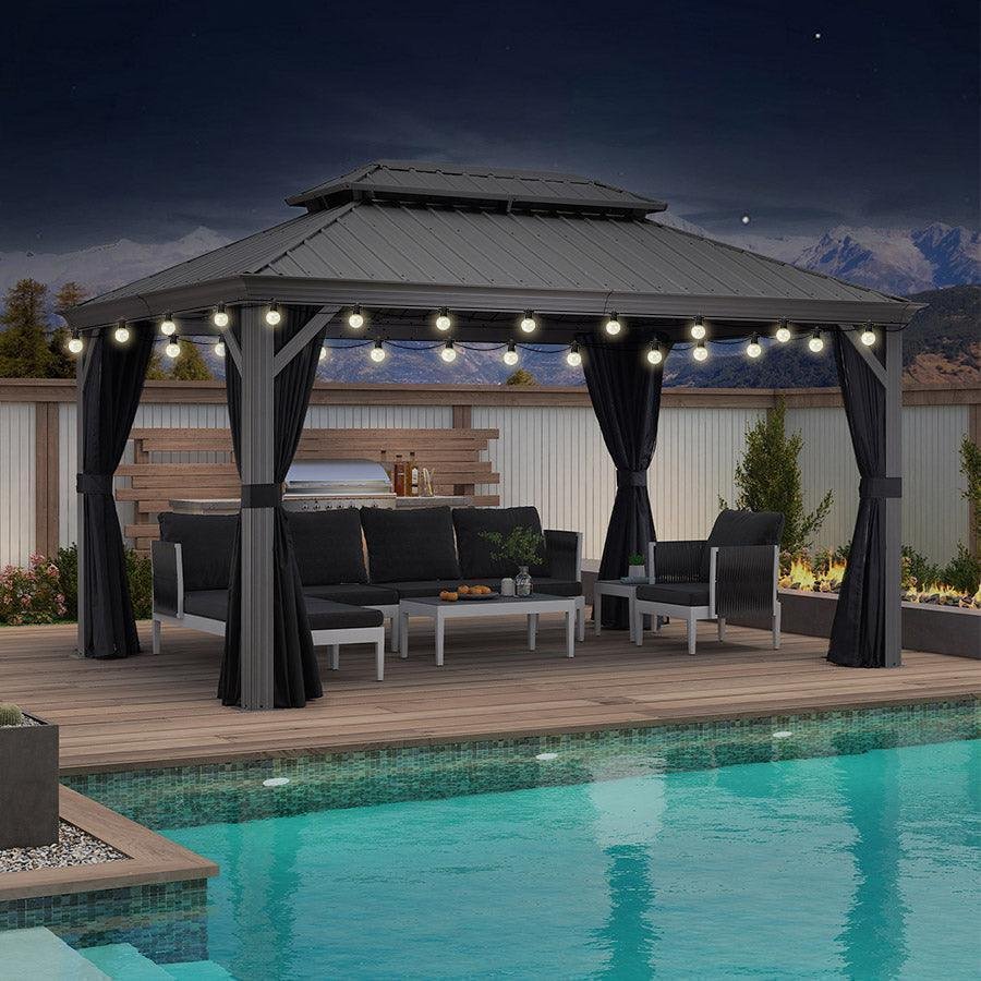 Patio Gazebo for Pool Light Grey Hardtop Galvanized Steel Roof with String Lights-milky - Image 18