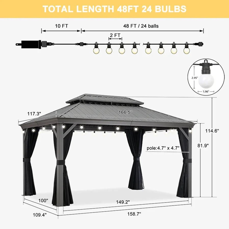 Patio Gazebo for Pool Light Grey Hardtop Galvanized Steel Roof with String Lights-milky - Image 89