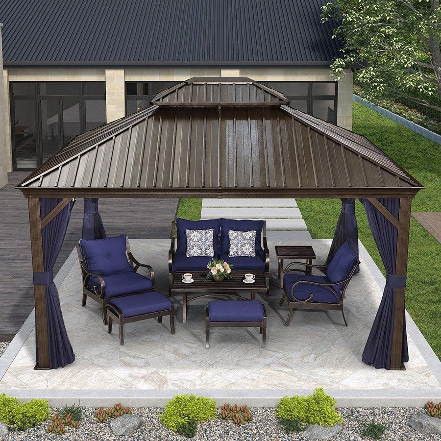 Outdoor Hardtop Gazebo for Patio Bronze Aluminum Frame Pavilion with Navy-Blue Curtain - Image 118
