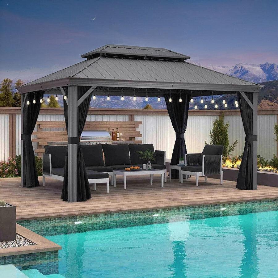 Patio Gazebo for Pool Light Grey Hardtop Galvanized Steel Roof with String Lights-clear - Image 57