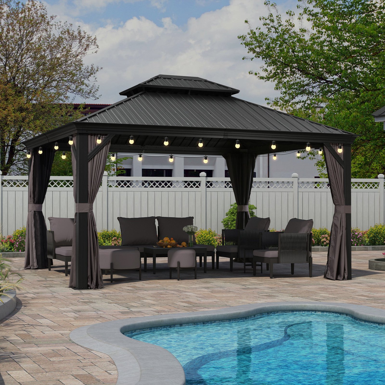 Gazebo for Backyard Grey Hardtop Galvanized Steel Roof Awning String Lights-milky - Image 6