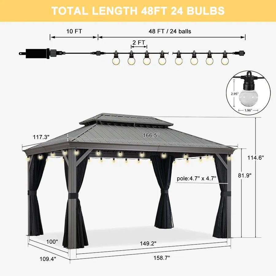 Patio Gazebo for Pool Light Grey Hardtop Galvanized Steel Roof with String Lights-clear - Image 93