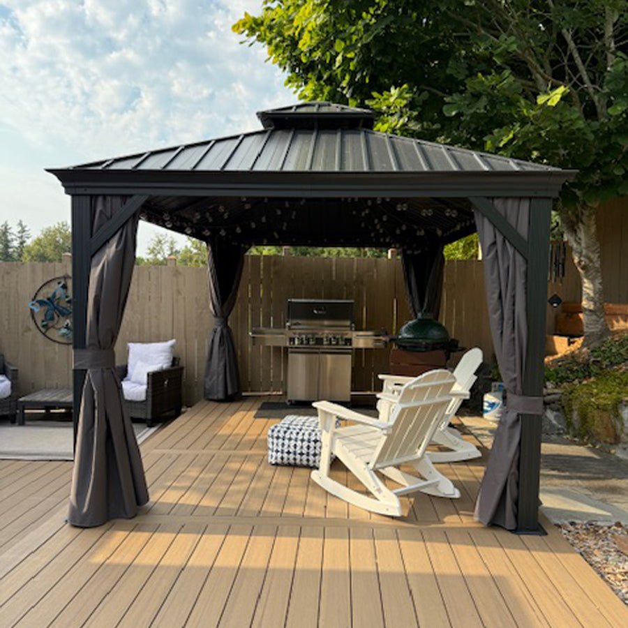Patio Gazebo for Backyard Grey Hardtop Galvanized Steel Roof Awning with Upgrade Curtain - Image 138