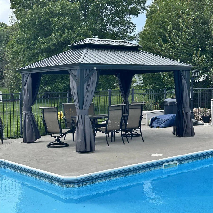 Patio Gazebo for Backyard Grey Hardtop Galvanized Steel Roof Awning with Upgrade Curtain - Image 122