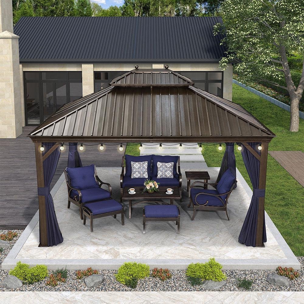 Outdoor Hardtop Gazebo for Patio Bronze Aluminum Frame Pavilion with Navy-Blue Curtain and String Lights-milky - Image 42