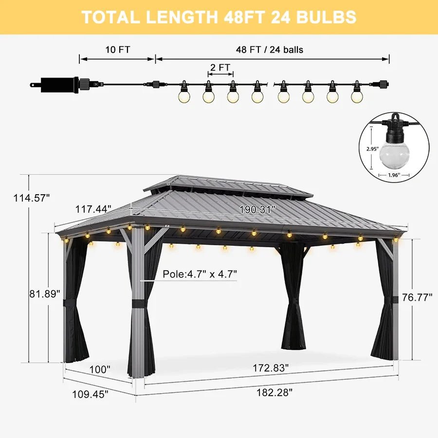 Patio Gazebo for Pool Light Grey Hardtop Galvanized Steel Roof with String Lights-clear - Image 105