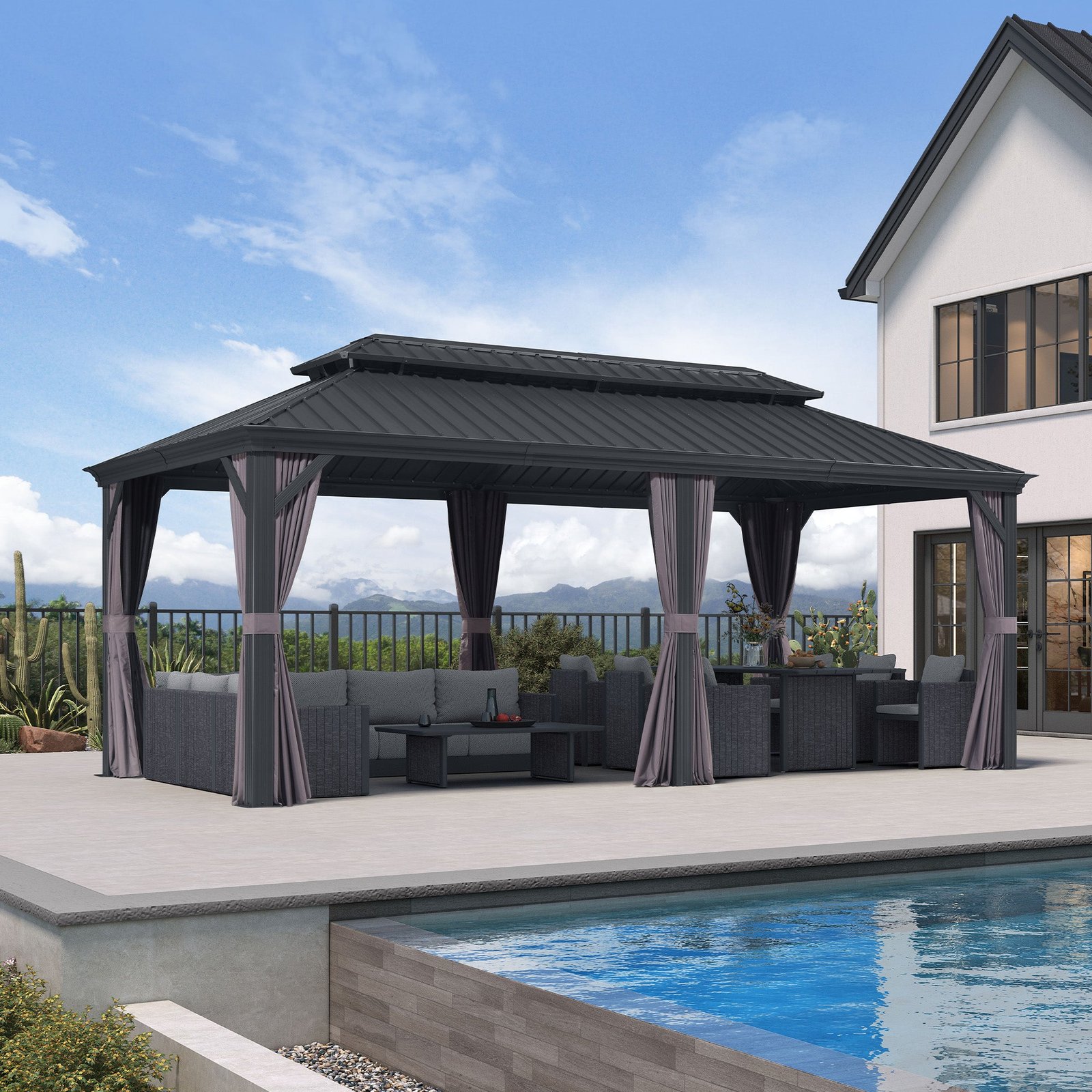 Patio Gazebo for Backyard Grey Hardtop Galvanized Steel Roof Awning with Upgrade Curtain - Image 197