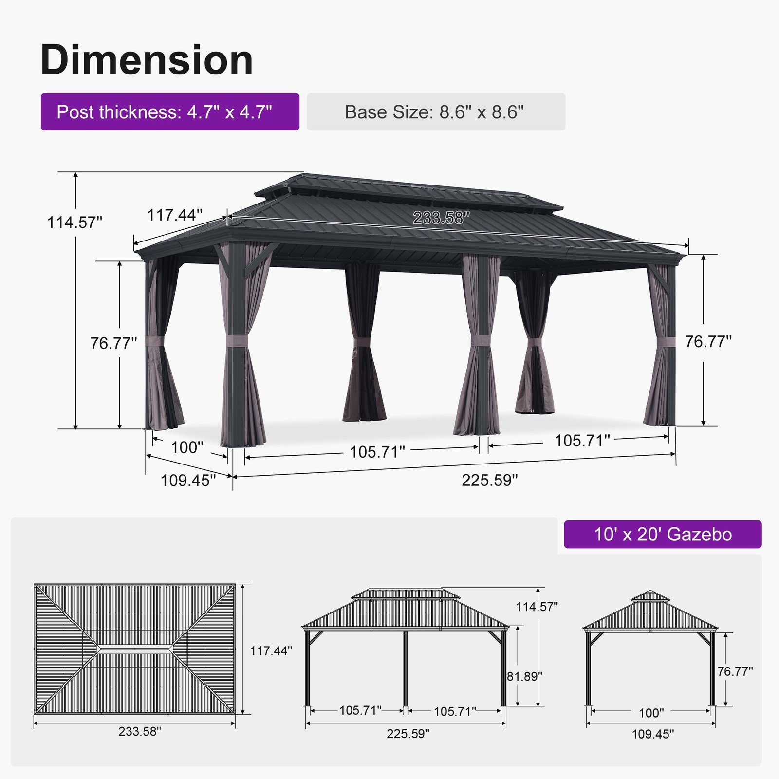 Patio Gazebo for Backyard Grey Hardtop Galvanized Steel Roof Awning with Upgrade Curtain - Image 196