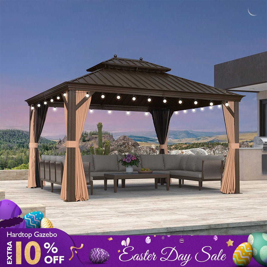 Outdoor Hardtop Gazebo for Garden Bronze Double Roof Aluminum Frame Pavilion with String Lights-milky - Image 26