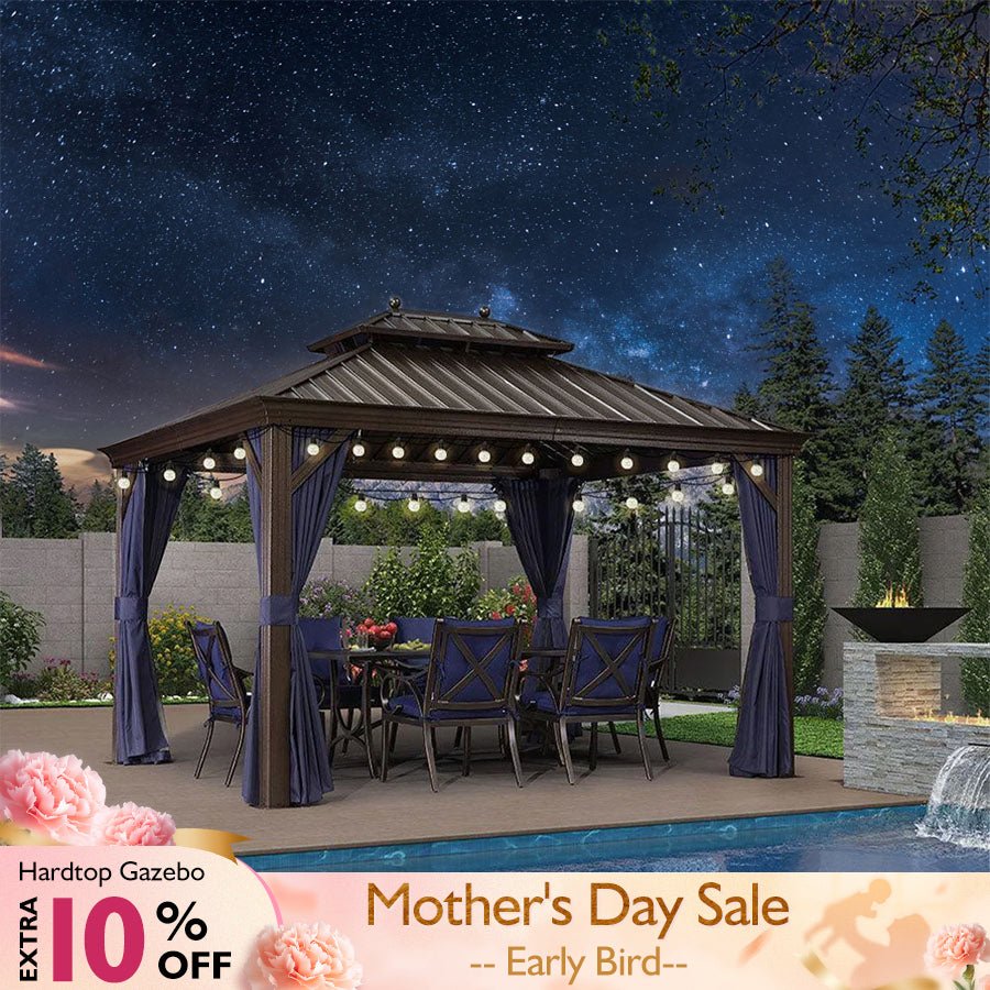 Outdoor Hardtop Gazebo for Patio Bronze Aluminum Frame Pavilion with Navy-Blue Curtain and String Lights-milky - Image 14