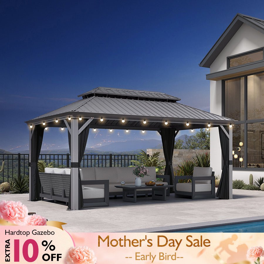 Patio Gazebo for Pool Light Grey Hardtop Galvanized Steel Roof with String Lights-milky - Image 23