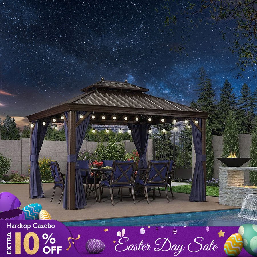 Outdoor Hardtop Gazebo for Patio Bronze Aluminum Frame Pavilion with Navy-Blue Curtain and String Lights-clear - Image 14