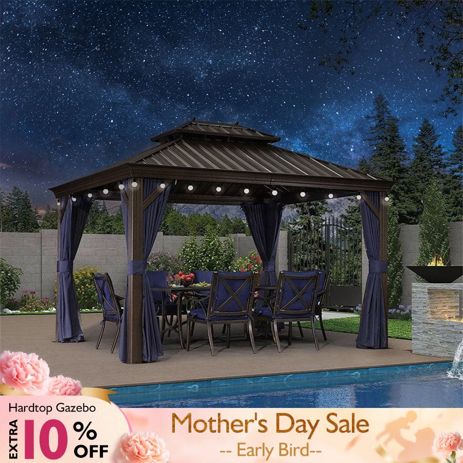 Outdoor Hardtop Gazebo for Patio Bronze Aluminum Frame Pavilion with Navy-Blue Curtain and String Lights-clear - Image 13