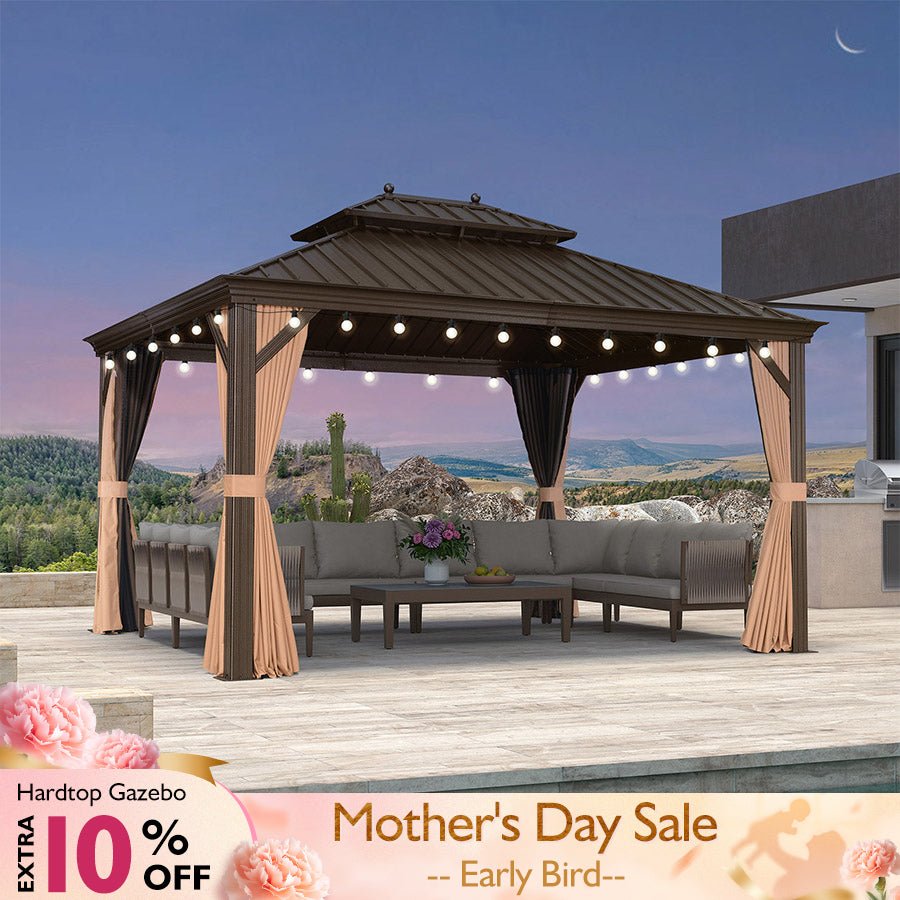 Outdoor Hardtop Gazebo for Garden Bronze Double Roof Aluminum Frame Pavilion with String Lights-milky - Image 16