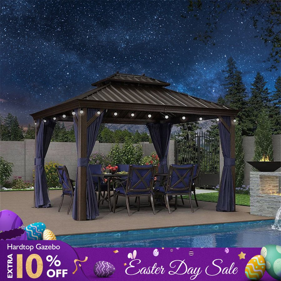 Outdoor Hardtop Gazebo for Patio Bronze Aluminum Frame Pavilion with Navy-Blue Curtain and String Lights-milky - Image 12