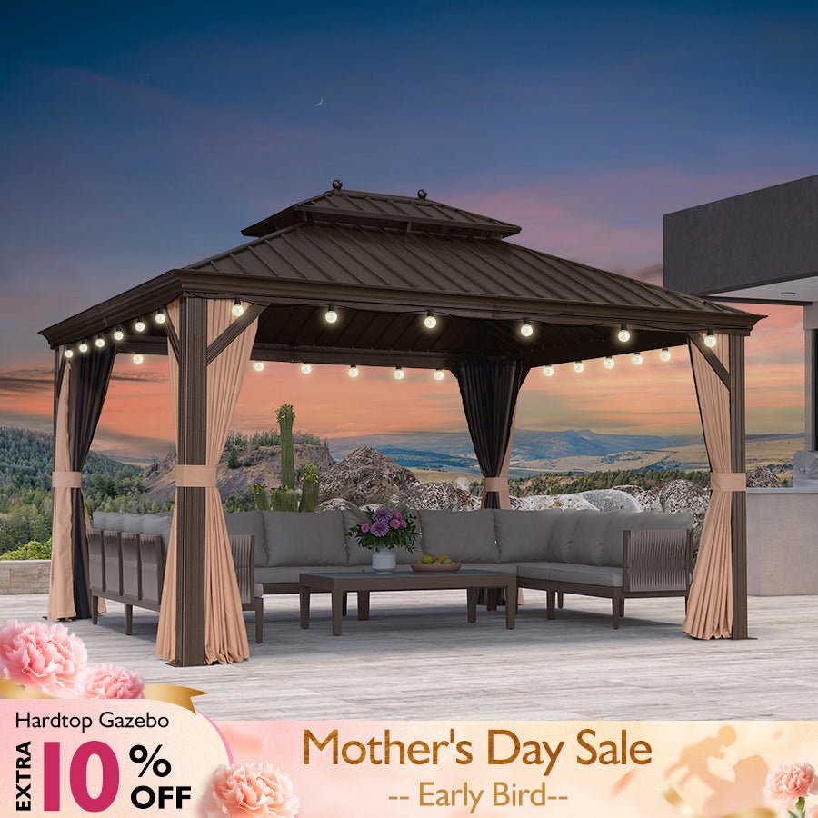 Outdoor Hardtop Gazebo for Garden Bronze Double Roof Aluminum Frame Pavilion with String Lights-clear - Image 18
