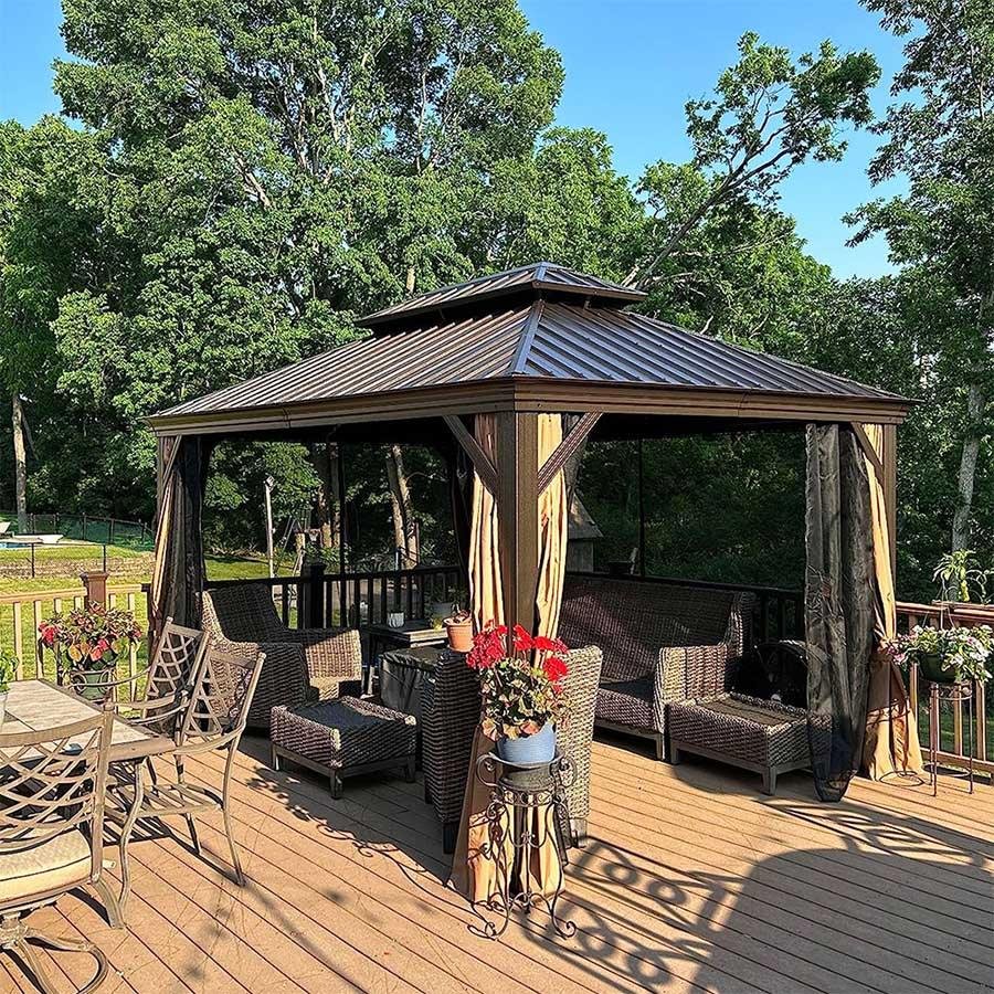 Outdoor Hardtop Gazebo for Garden Bronze Double Roof Aluminum Frame Pavilion with String Lights-milky - Image 90