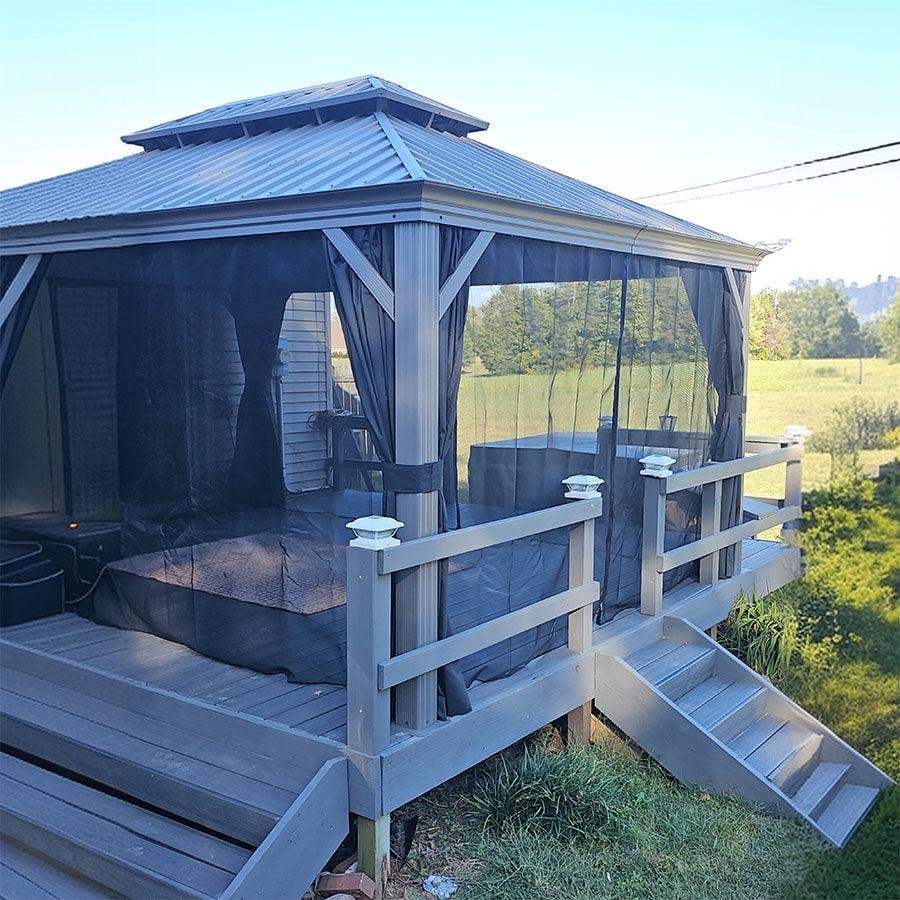 Patio Gazebo for Pool Light Grey Hardtop Galvanized Steel Roof with Upgraded Curtains - Image 74