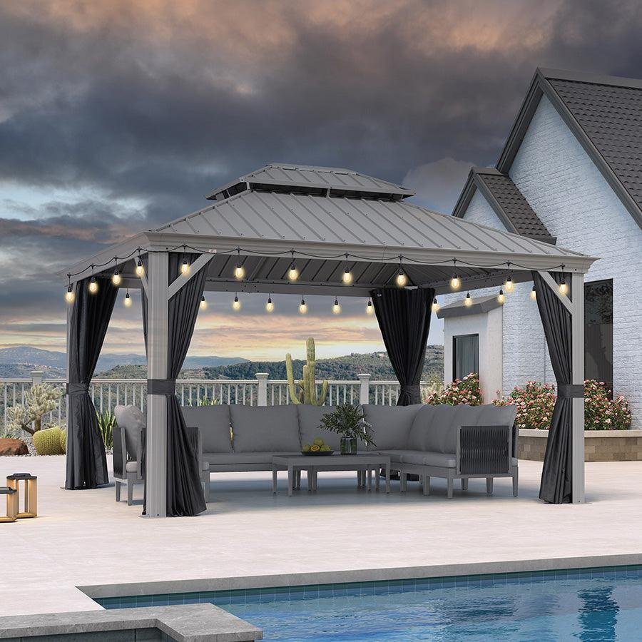 Patio Gazebo for Pool Light Grey Hardtop Galvanized Steel Roof with String Lights-clear - Image 59