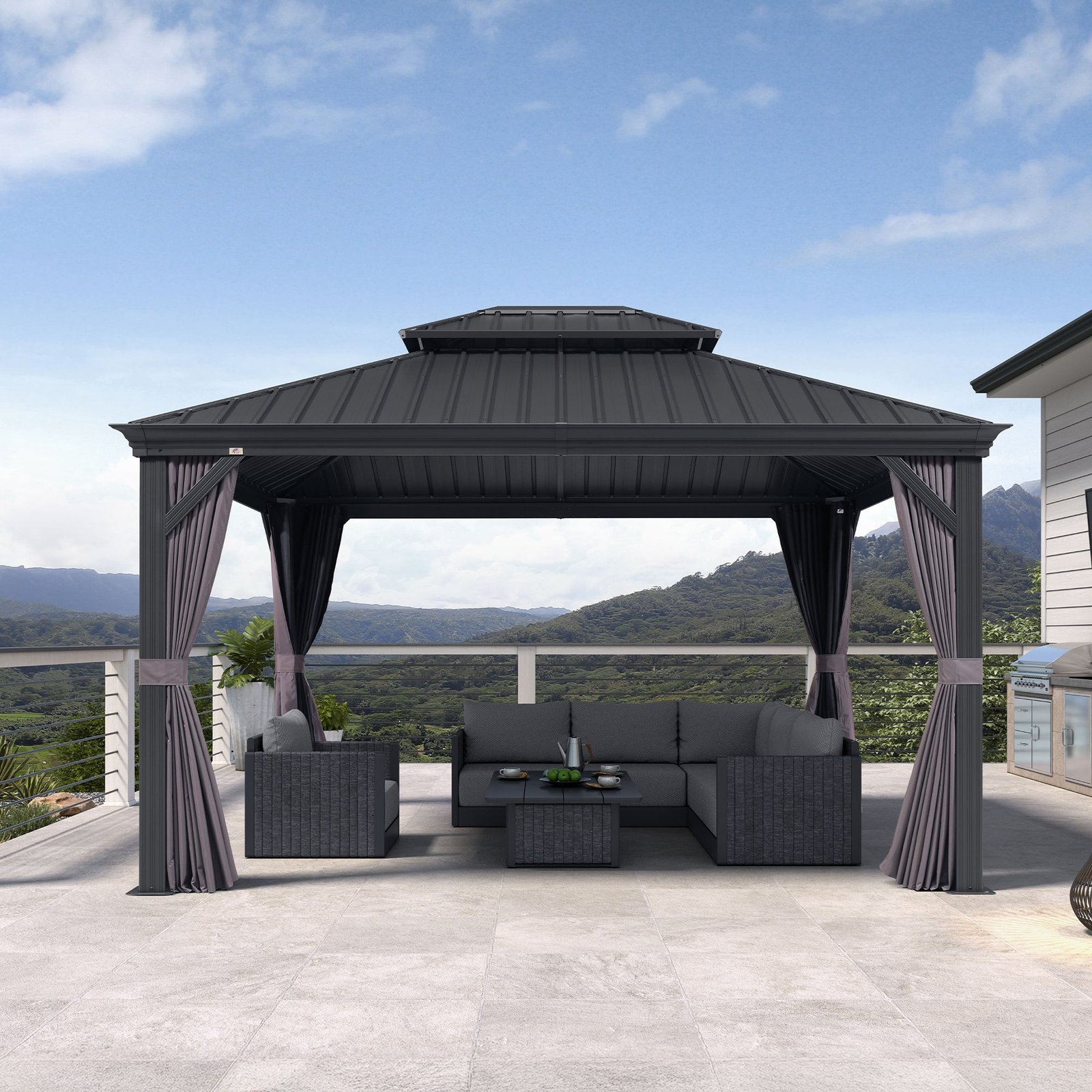 Patio Gazebo for Backyard Grey Hardtop Galvanized Steel Roof Awning with Upgrade Curtain - Image 173