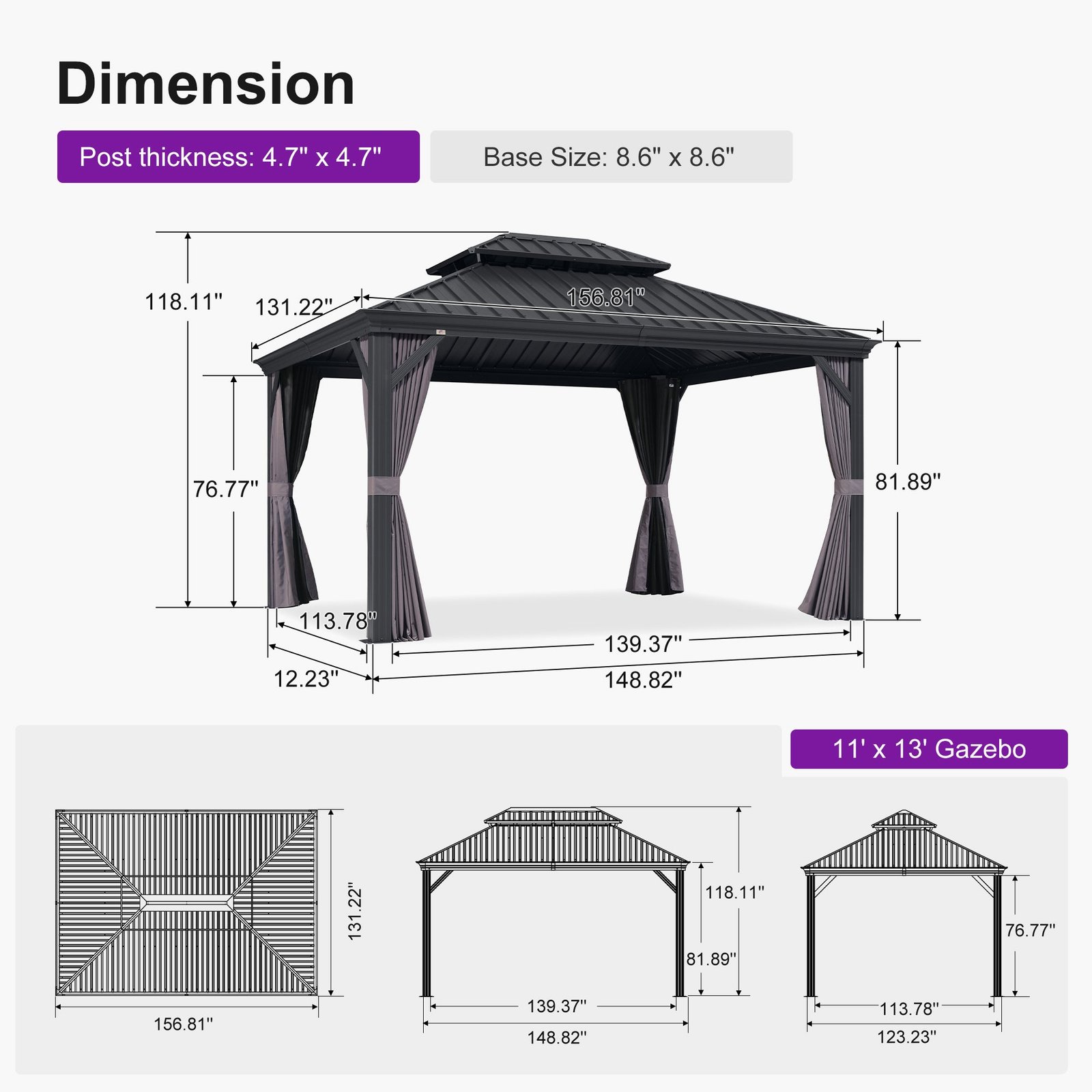 Gazebo for Backyard Grey Hardtop Galvanized Steel Roof Awning String Lights-milky - Image 132
