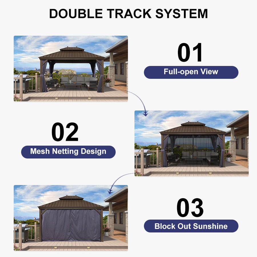 Outdoor Hardtop Gazebo for Patio Bronze Aluminum Frame Pavilion with Navy-Blue Curtain and String Lights-milky - Image 83