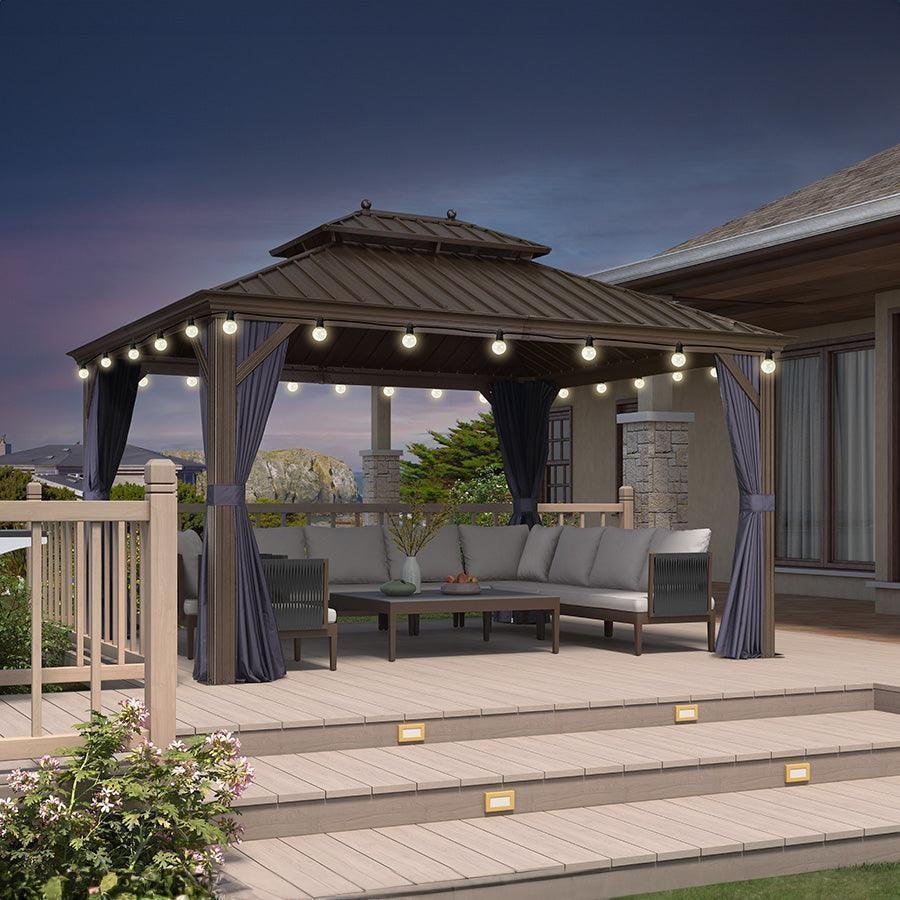 Outdoor Hardtop Gazebo for Patio Bronze Aluminum Frame Pavilion with Navy-Blue Curtain and String Lights-milky - Image 69