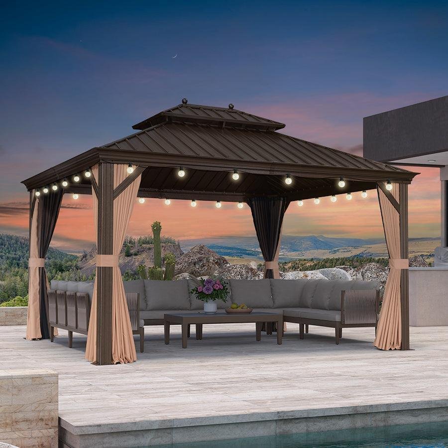 Outdoor Hardtop Gazebo for Garden Bronze Double Roof Aluminum Frame Pavilion with String Lights-milky - Image 3