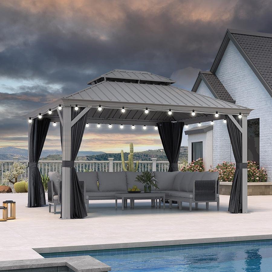 Patio Gazebo for Pool Light Grey Hardtop Galvanized Steel Roof with String Lights-clear - Image 60