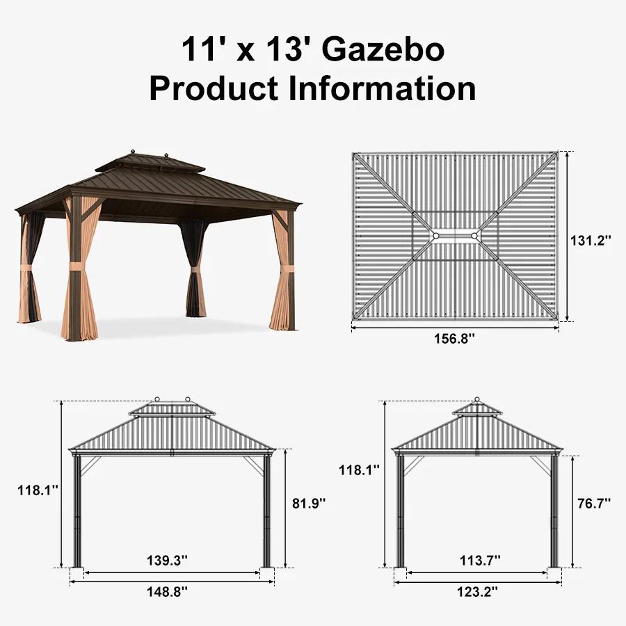 Outdoor Hardtop Gazebo for Garden Bronze Double Roof Aluminum Frame Pavilion - Image 125