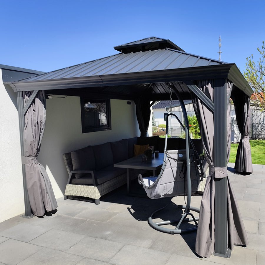 Gazebo for Backyard Grey Hardtop Galvanized Steel Roof Awning String Lights-milky - Image 83
