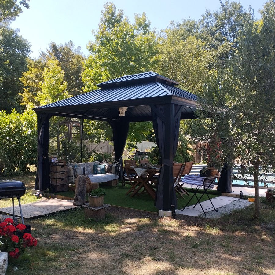 Patio Gazebo for Backyard Grey Hardtop Galvanized Steel Roof Awning with Upgrade Curtain - Image 140