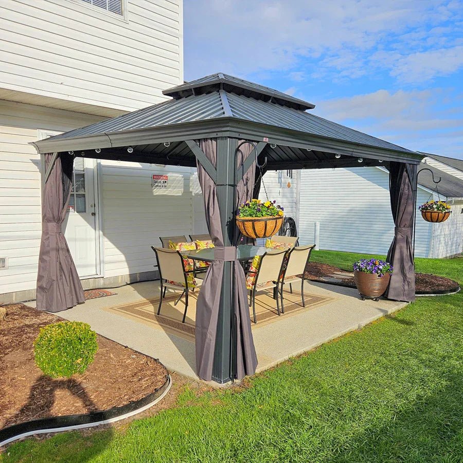 Gazebo for Backyard Grey Hardtop Galvanized Steel Roof Awning String Lights-milky - Image 66