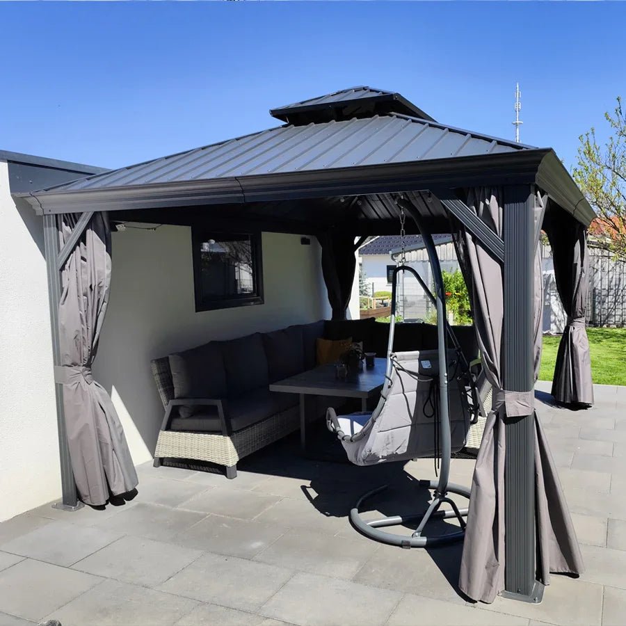 Patio Gazebo for Backyard Grey Hardtop Galvanized Steel Roof Awning with Upgrade Curtain - Image 123