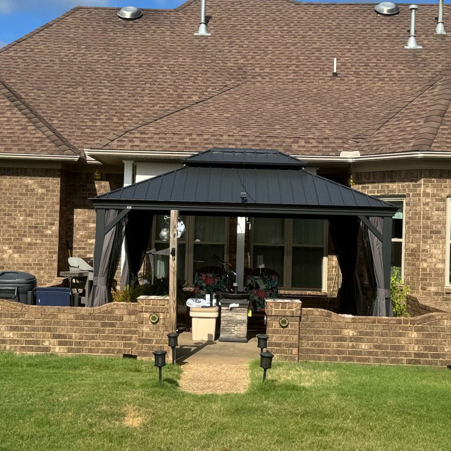 Gazebo for Backyard Grey Hardtop Galvanized Steel Roof Awning with String Lights-clear - Image 108