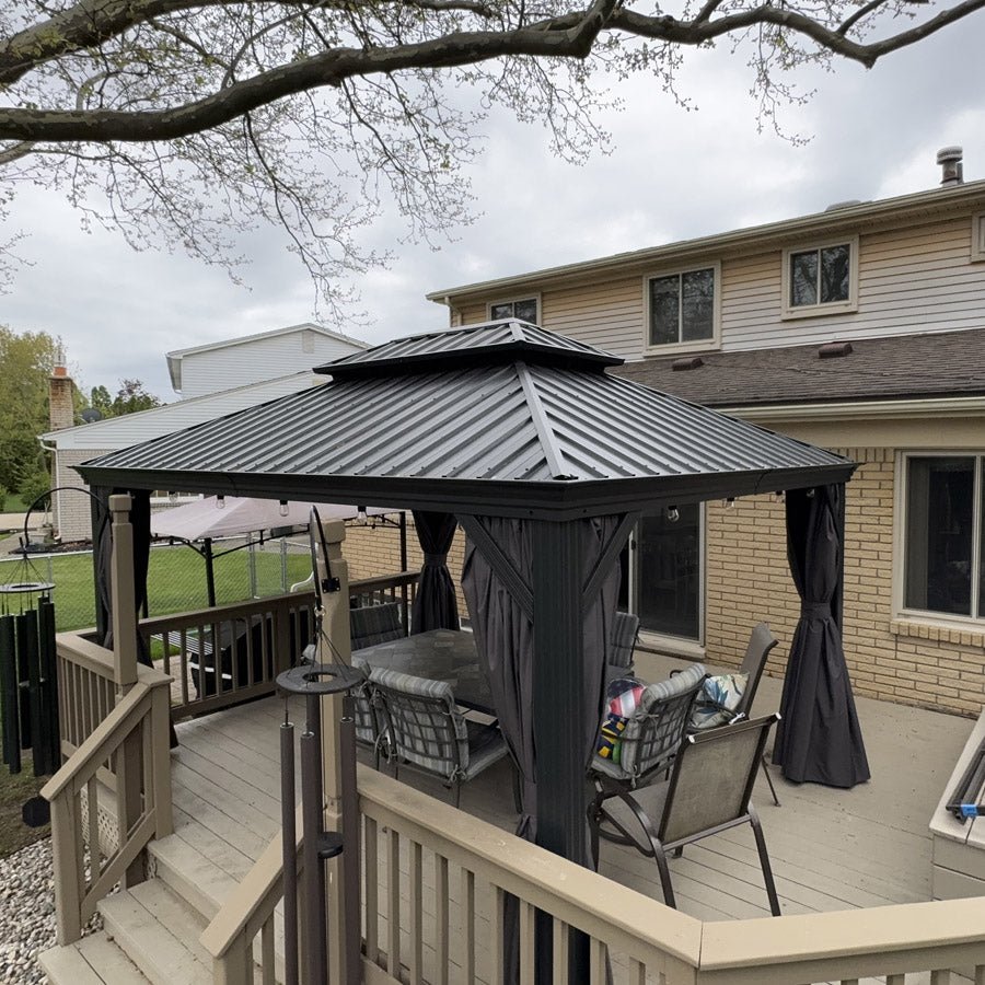 Gazebo for Backyard Grey Hardtop Galvanized Steel Roof Awning String Lights-milky - Image 82