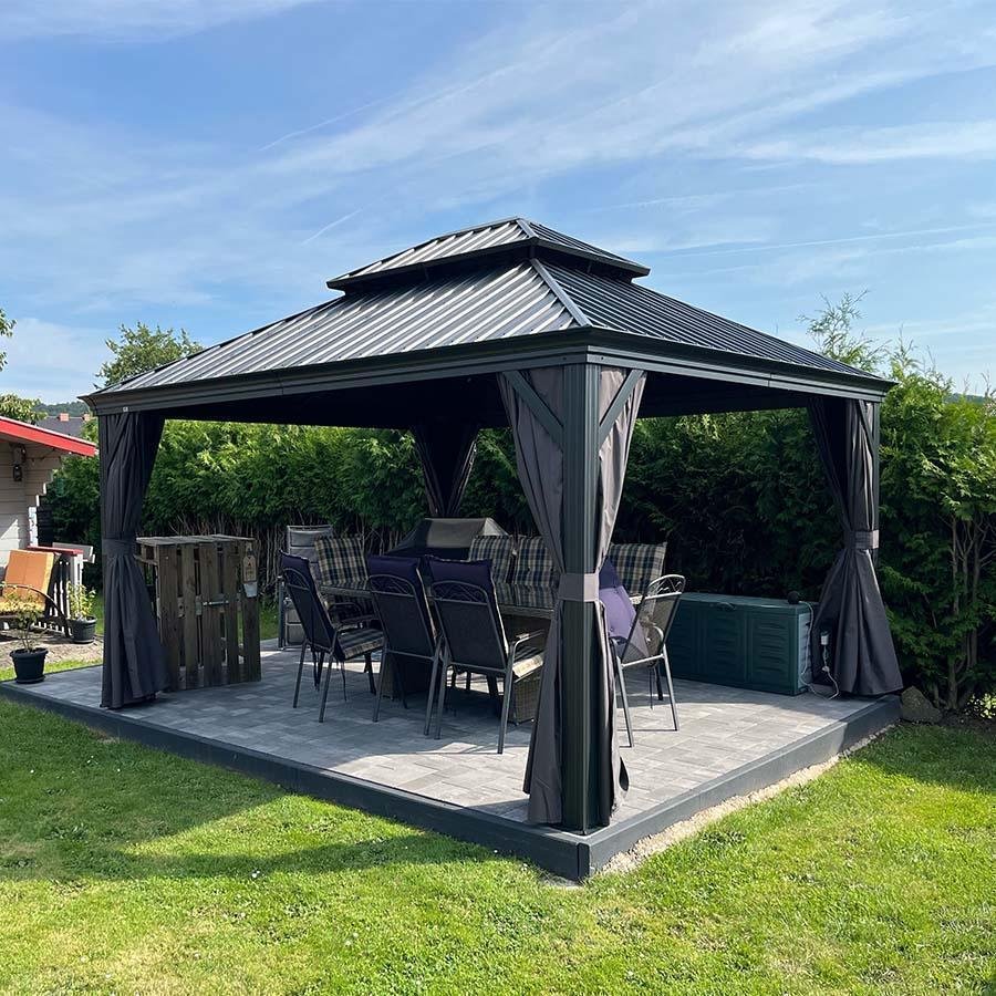 Patio Gazebo for Backyard Grey Hardtop Galvanized Steel Roof Awning with Upgrade Curtain - Image 64