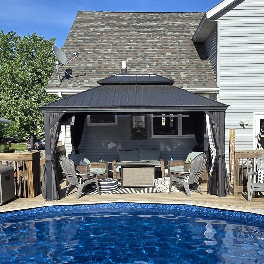 Patio Gazebo for Backyard Grey Hardtop Galvanized Steel Roof Awning with Upgrade Curtain - Image 115