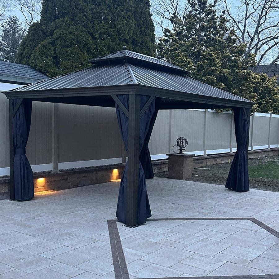 Outdoor Hardtop Gazebo for Patio Bronze Aluminum Frame Pavilion with Navy-Blue Curtain and String Lights-clear - Image 109