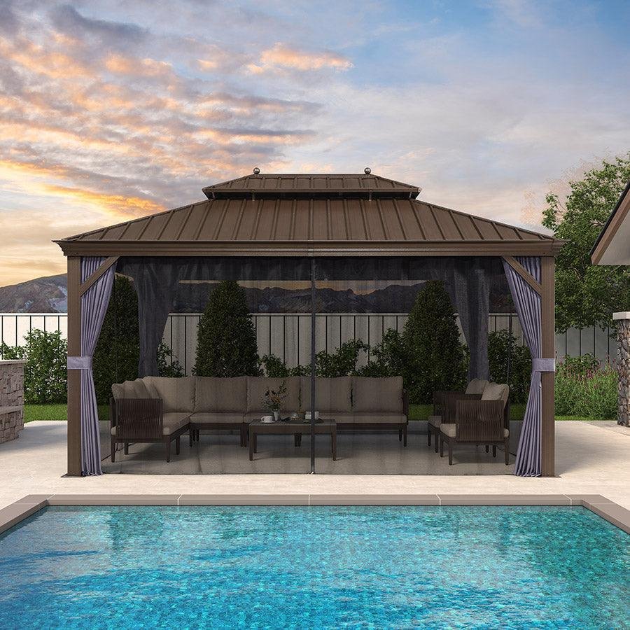 Outdoor Hardtop Gazebo for Patio Bronze Aluminum Frame Pavilion with Navy-Blue Curtain and String Lights-clear - Image 76