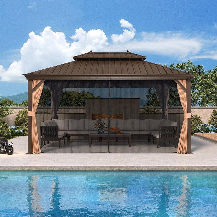 Outdoor Hardtop Gazebo for Garden Bronze Double Roof Aluminum Frame Pavilion with String Lights-milky - Image 77