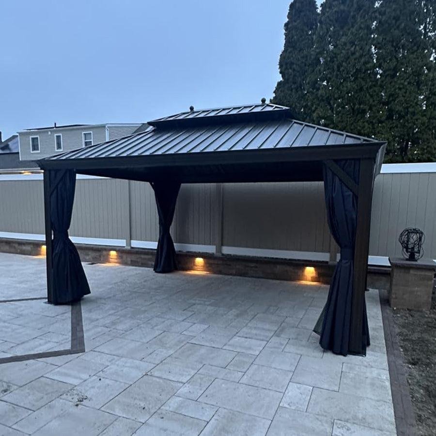 Outdoor Hardtop Gazebo for Patio Bronze Aluminum Frame Pavilion with Navy-Blue Curtain and String Lights-milky - Image 101