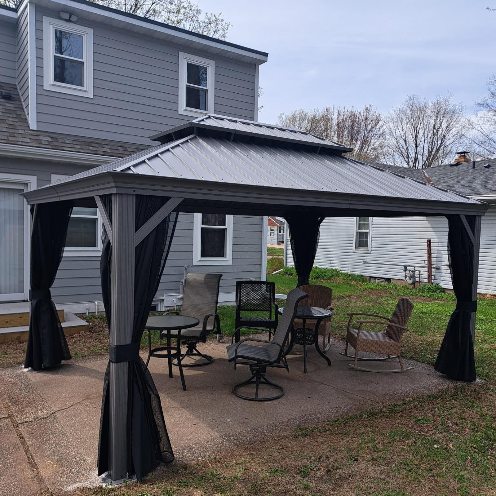 Patio Gazebo for Pool Light Grey Hardtop Galvanized Steel Roof with Upgraded Curtains - Image 77